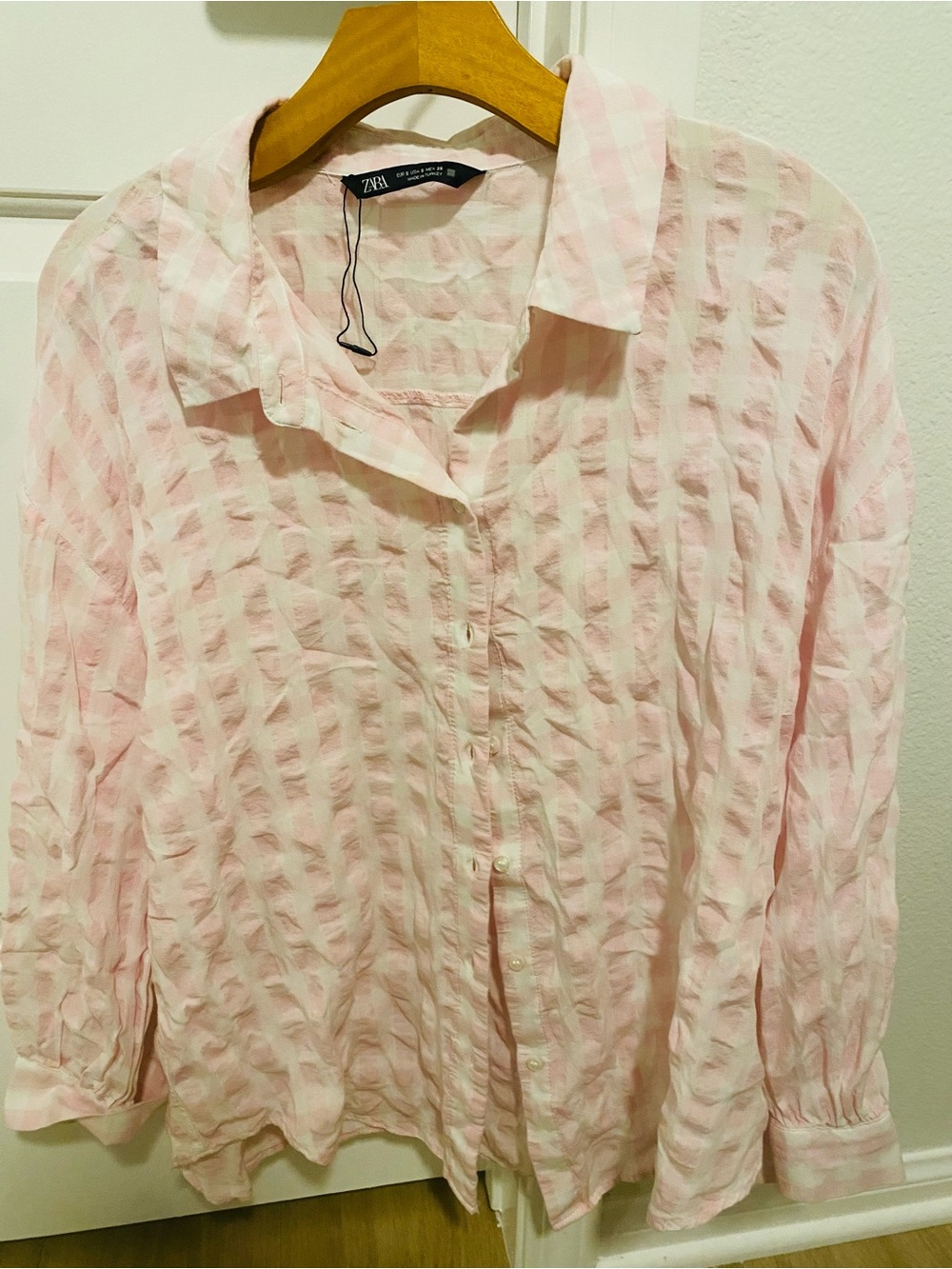 Zara Light Pink Textured Button-Down Blouse